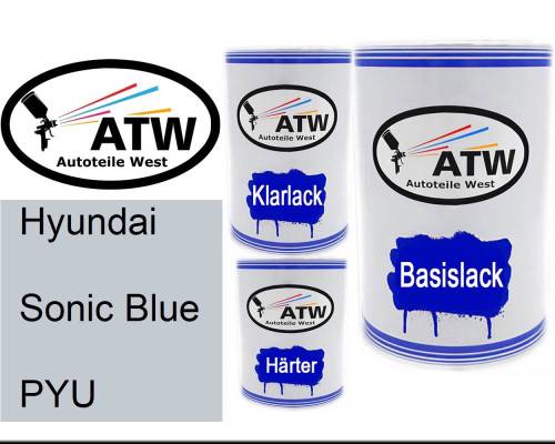 Hyundai, Sonic Blue, PYU: 500ml Lackdose + 500ml Klarlack + 250ml Härter - Set, von ATW Autoteile West.